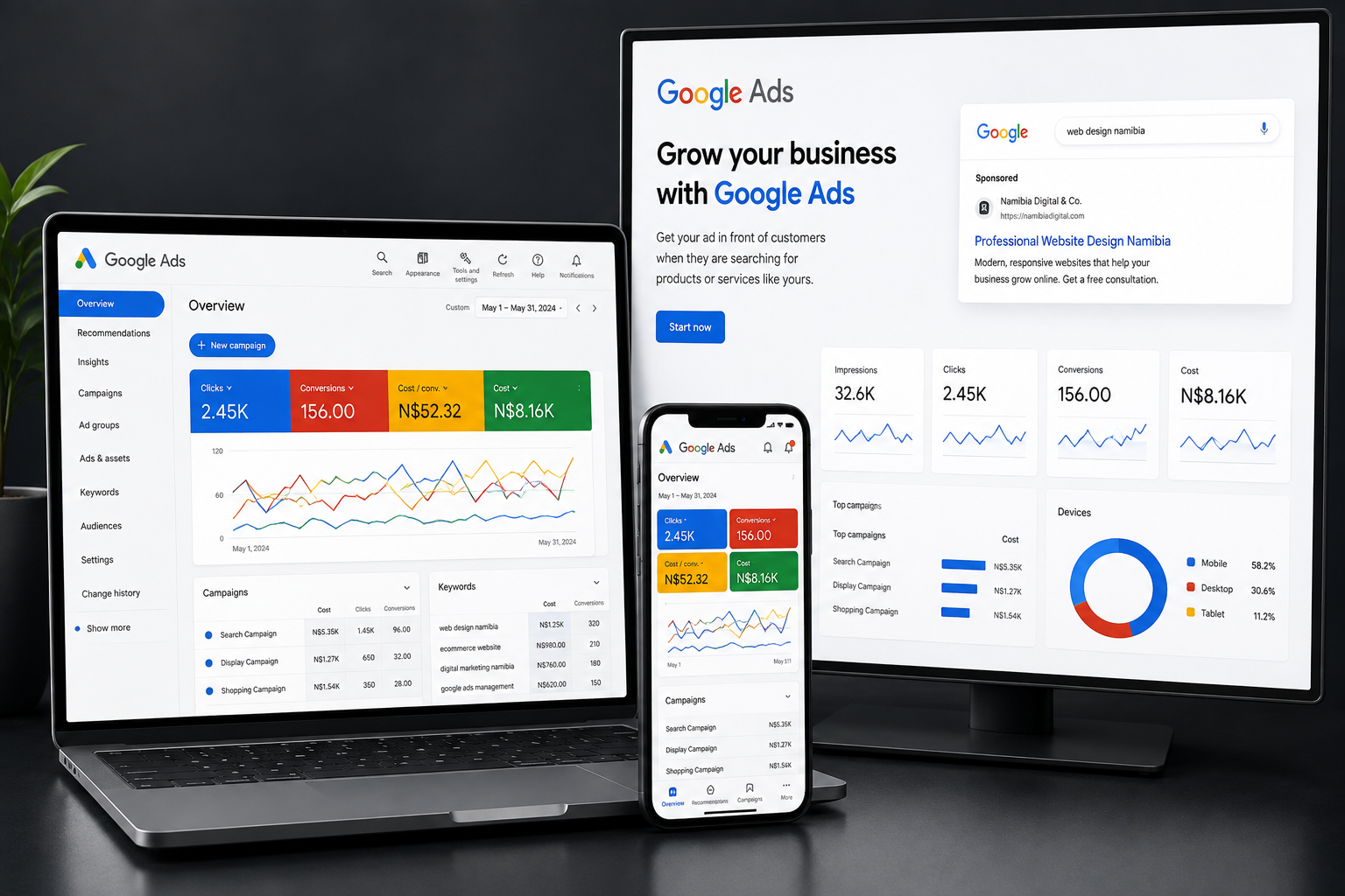 Google Ads management and campaign reporting for businesses in Namibia